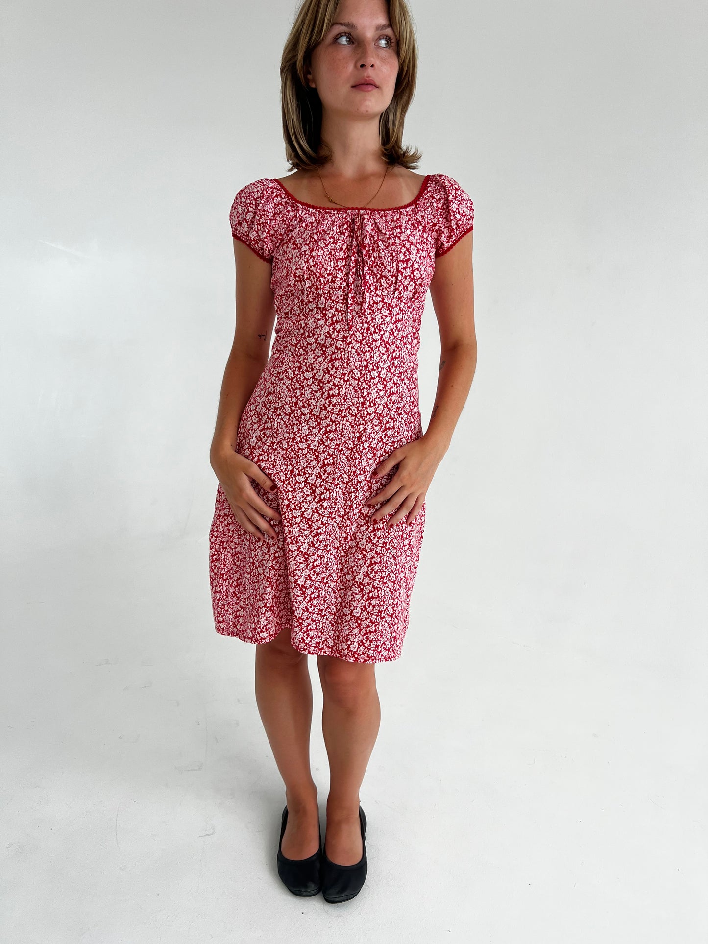 Vintage red floral tie dress