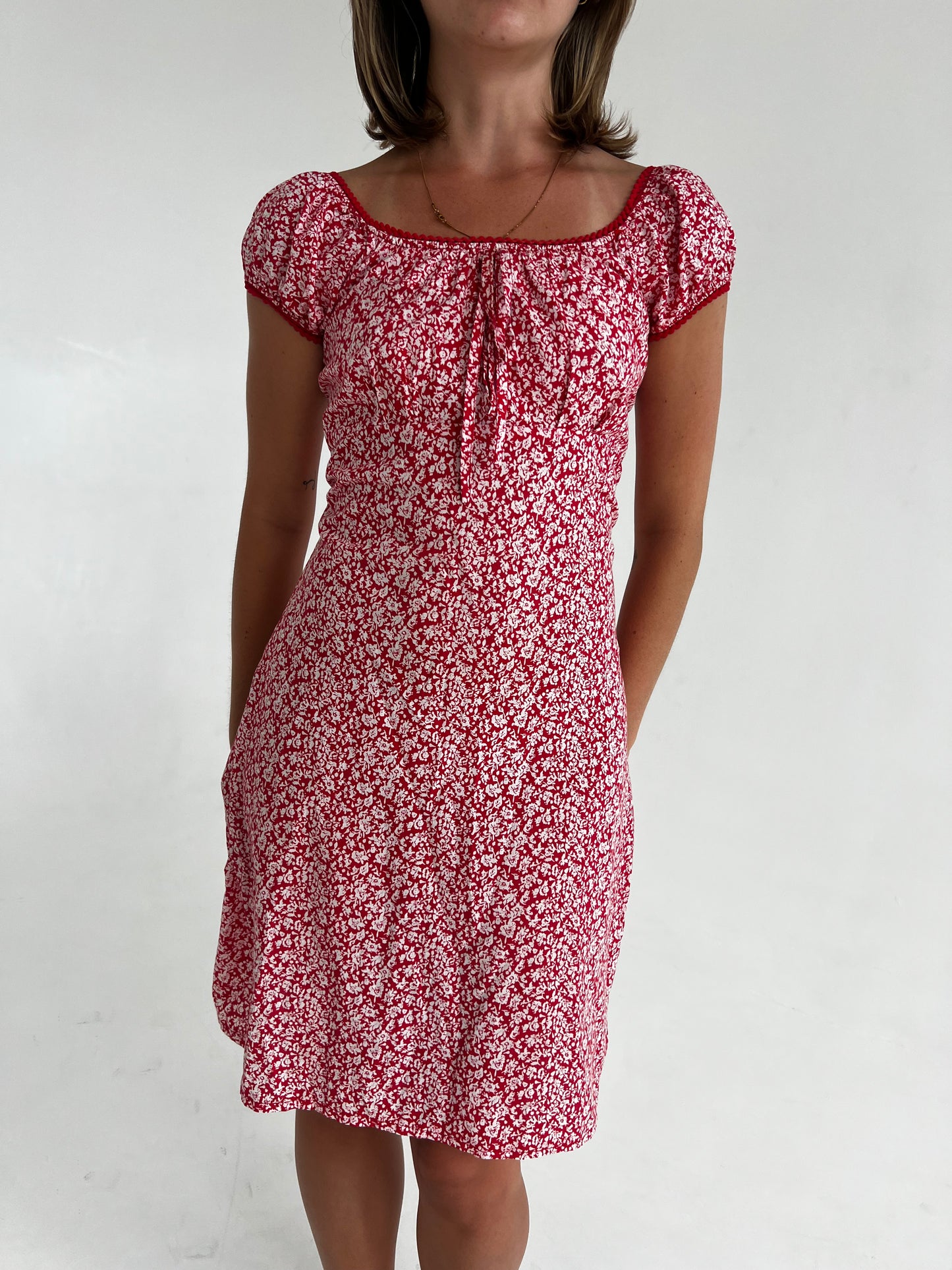 Vintage red floral tie dress