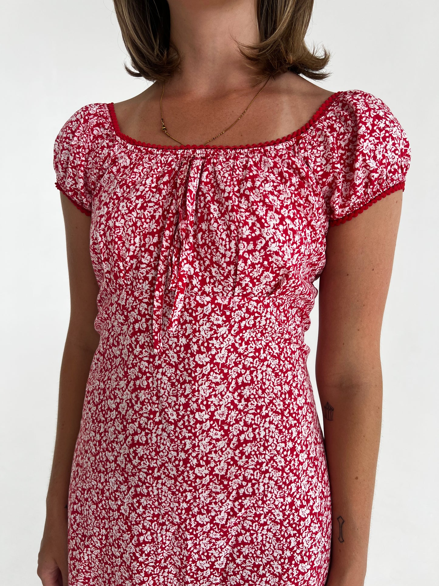Vintage red floral tie dress