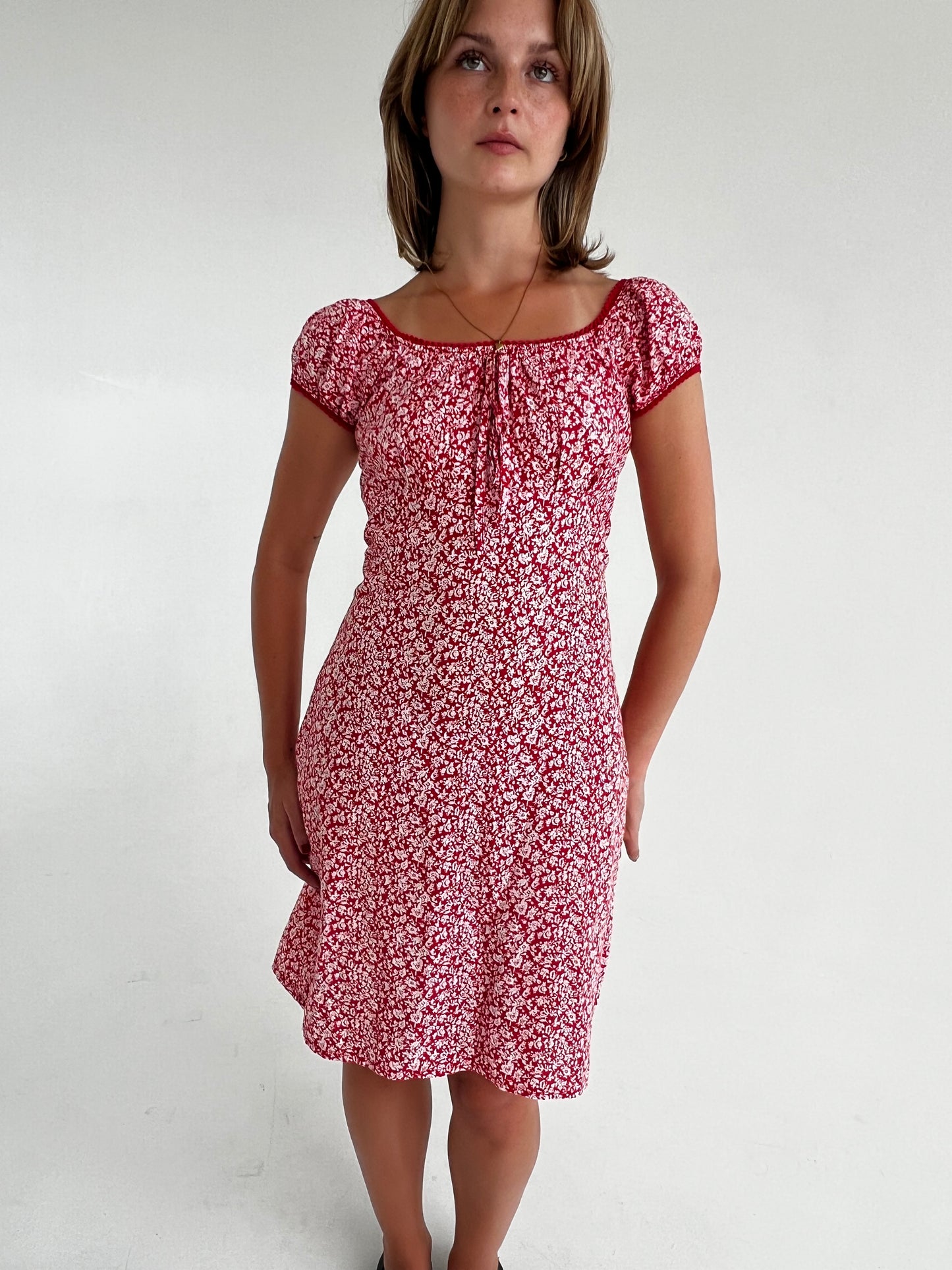 Vintage red floral tie dress