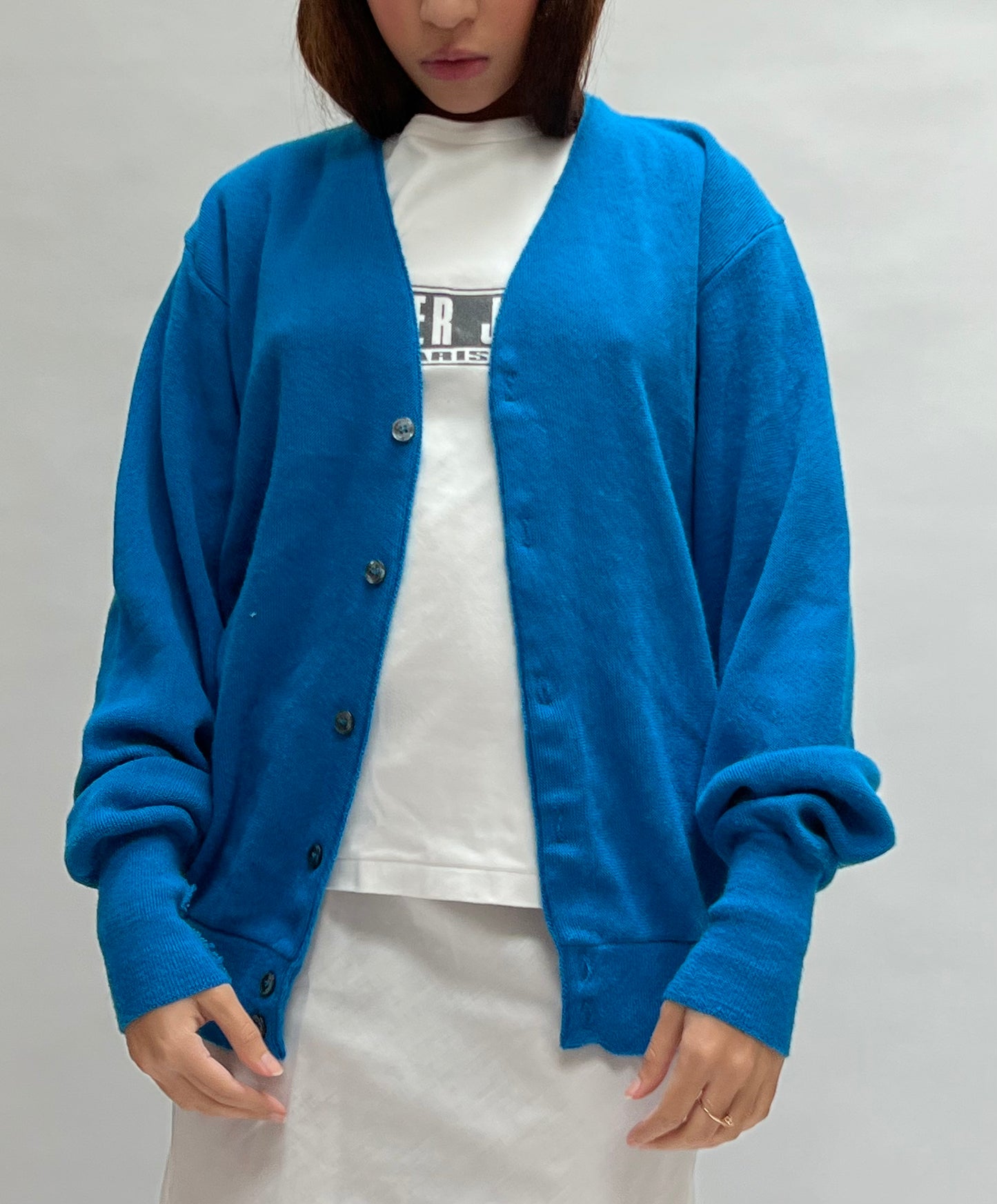blue cardigan