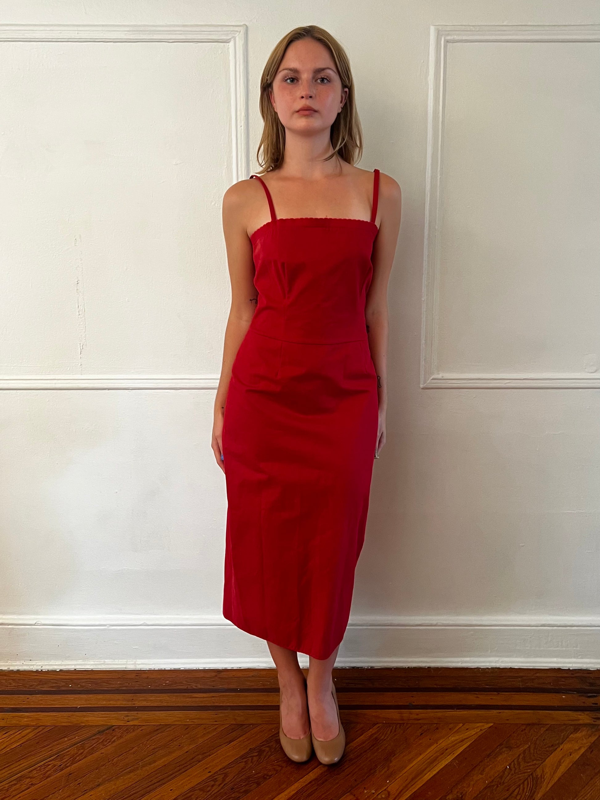 red miu miu dress Nina Gabbana Vintage Miu Miu 2007 Runway Midi Dress in Red