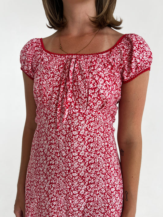 Vintage red floral tie dress