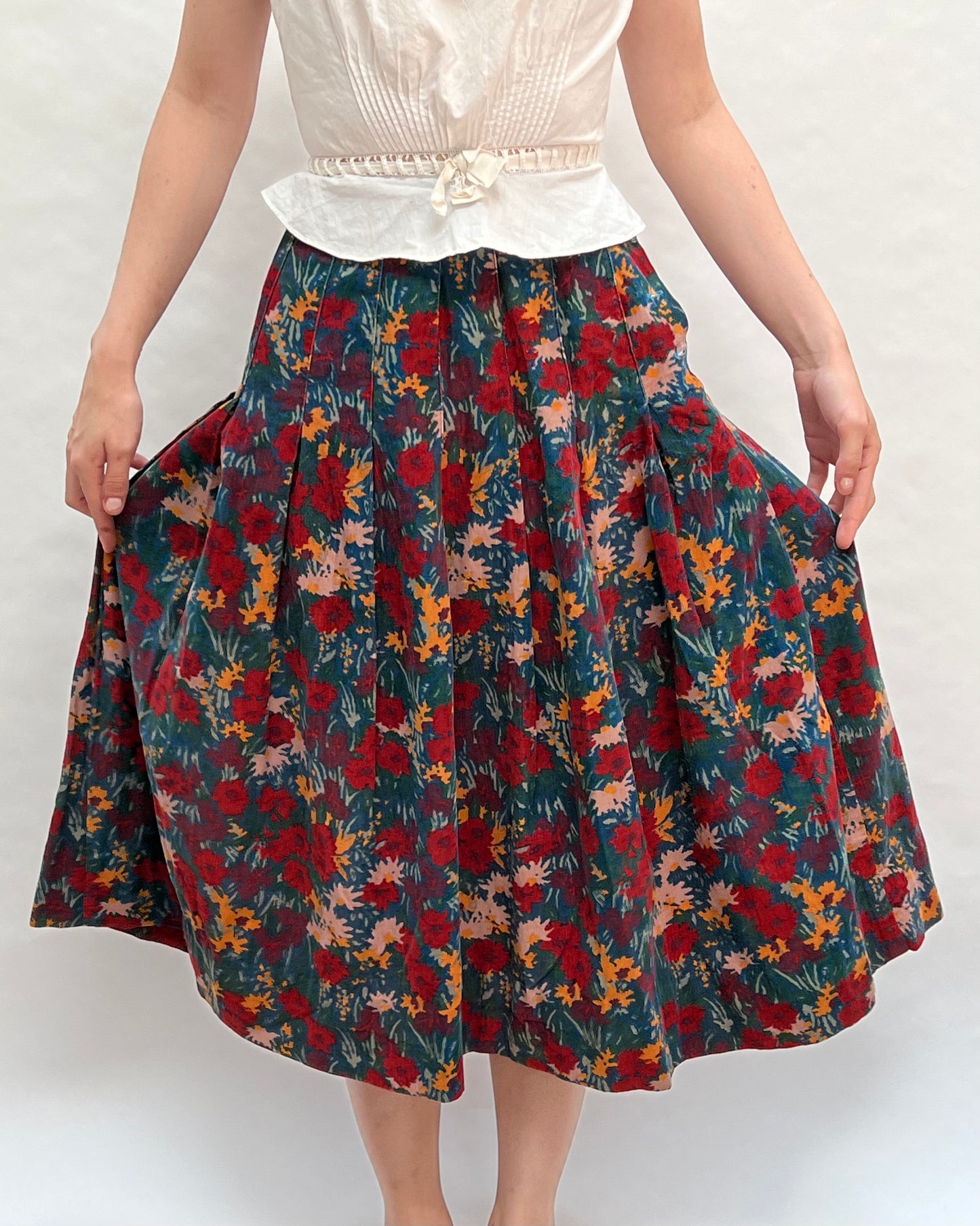 corduroy pleated floral skirt