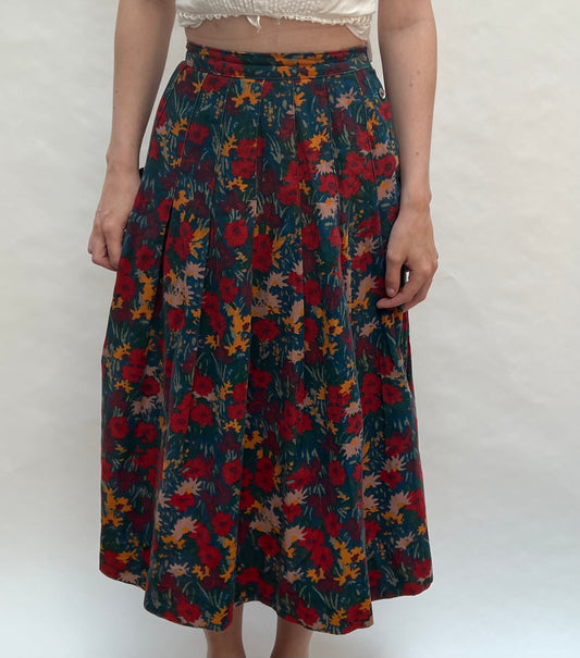 corduroy pleated floral skirt