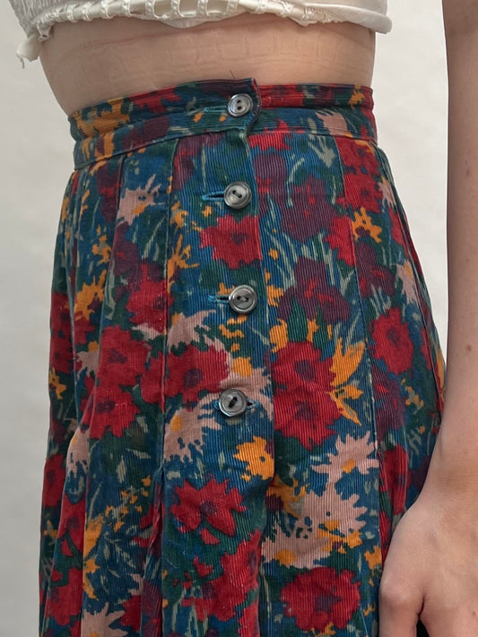 corduroy pleated floral skirt