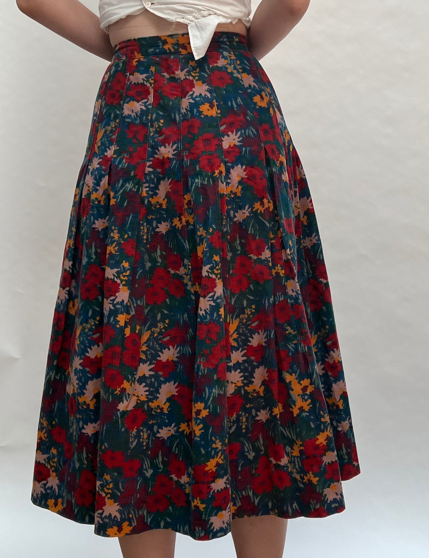 corduroy pleated floral skirt